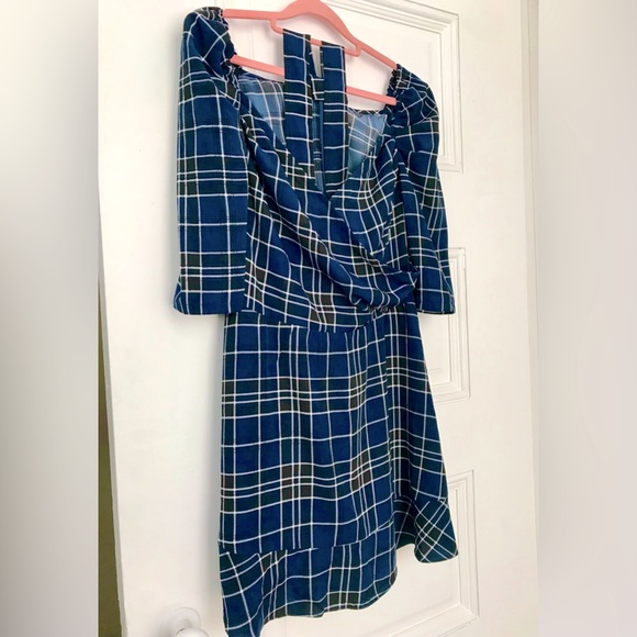Blue Wrap Front Rouched Sleeve Checked Mini Dress In Blue size 12 - Picture 4 of 6